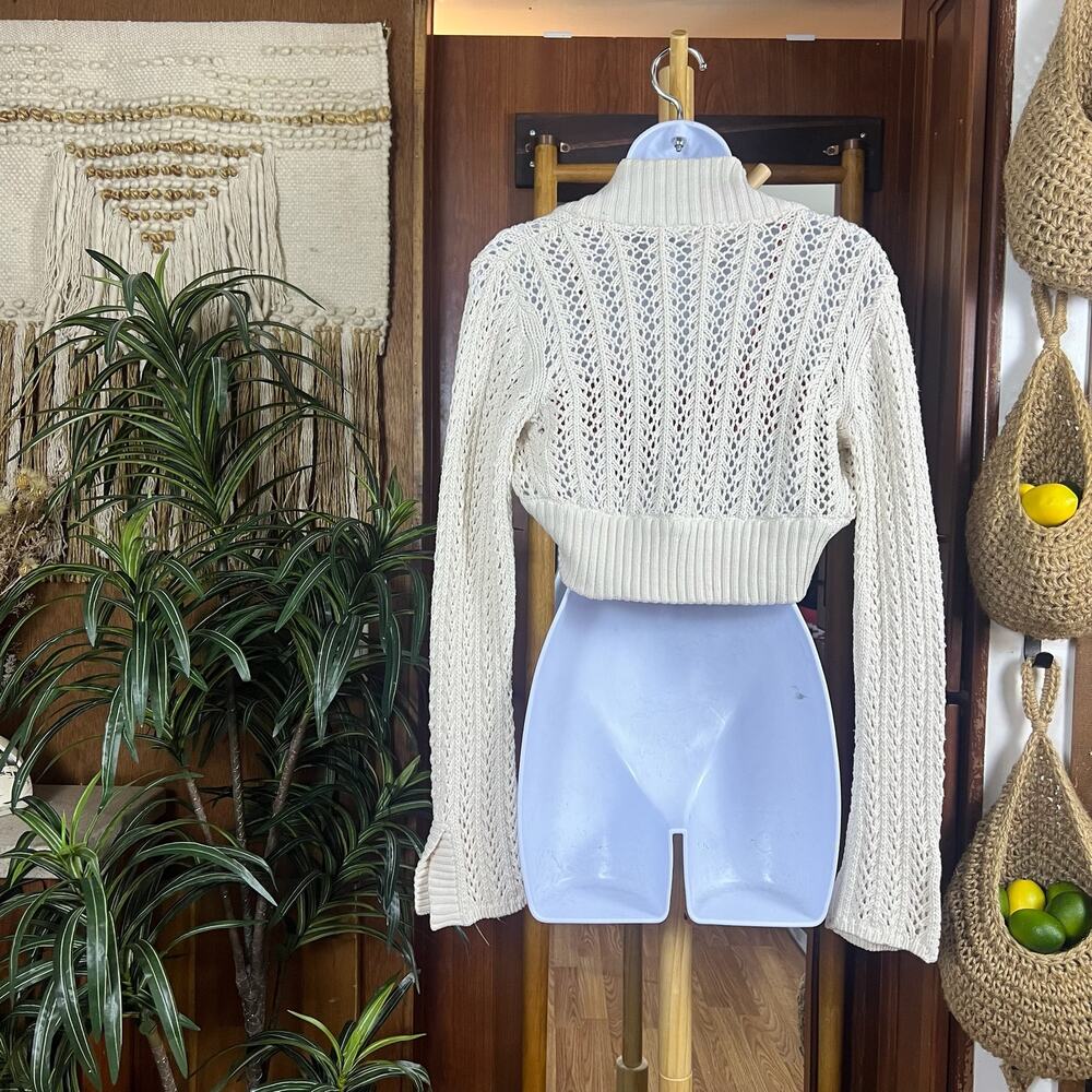Y2K White House Black Market Ivory Open Knit Cropped Shrug M Bell Sleeve Sweater - Picture 2 of 13